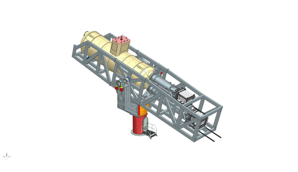 Der Aufbau des BabyIAXO-Experiments als CAD-Modell, ähnlich wie ein großes Mikroskop. Der Magnet ist der große gelbe Zylinder in der Mitte.