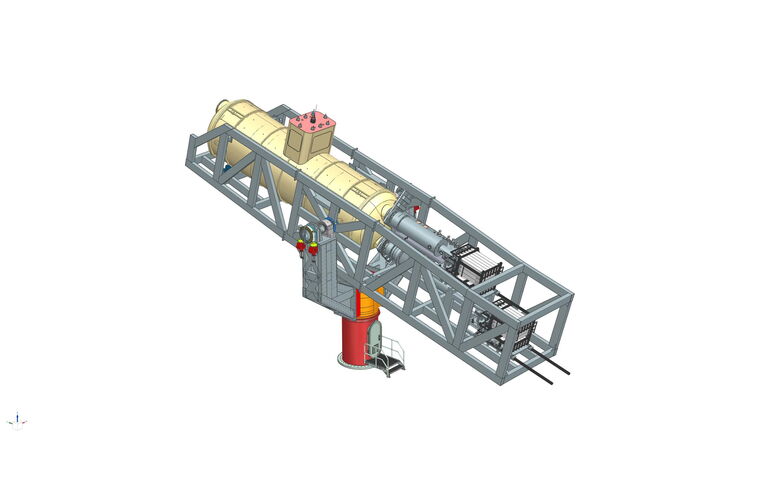 Der Aufbau des BabyIAXO-Experiments als CAD-Modell, ähnlich wie ein großes Mikroskop. Der Magnet ist der große gelbe Zylinder in der Mitte.